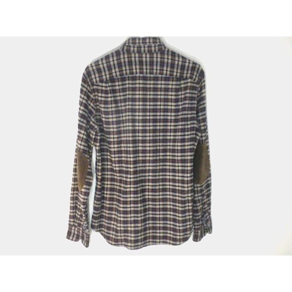 J Crew Shirt Mens M Blue Brown Plaid Flannel Wool Blend‎ Leather Elbow Patch